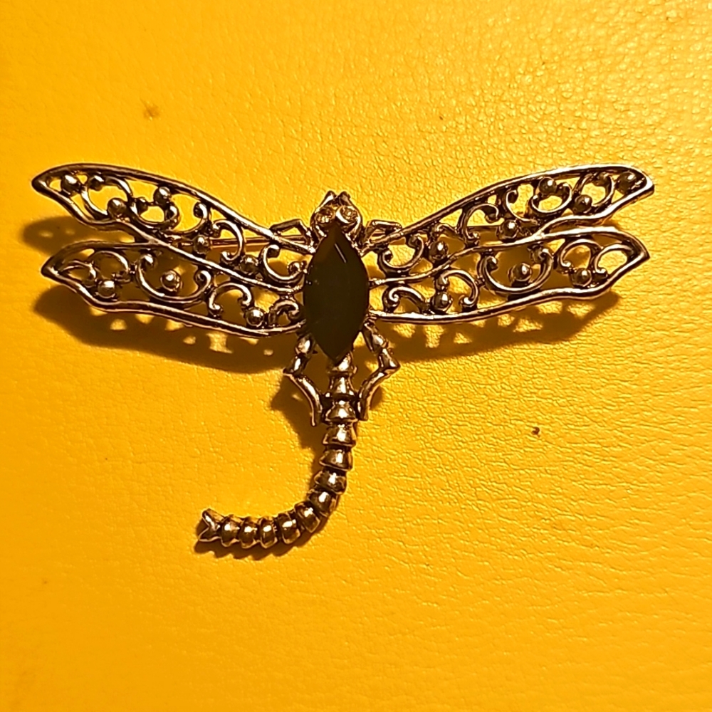 Black Rhinestones Dragonfly Brooch Pin Silver Tone Filigree Vintage Jewelry